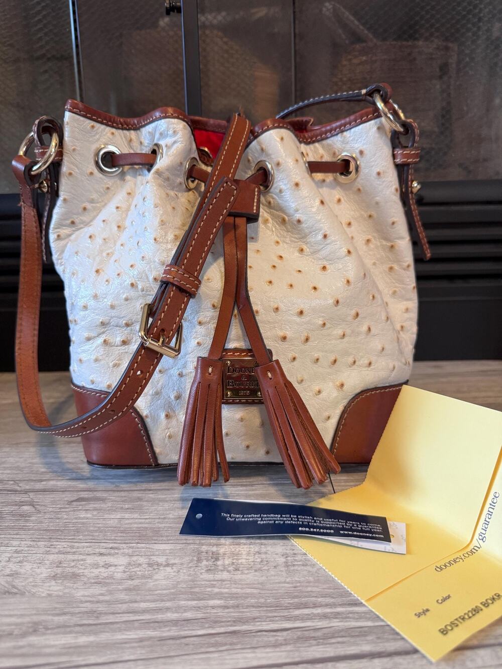 Dooney Bourke Ostrich Embossed Drawstring Handbag Bone Brandy Leather